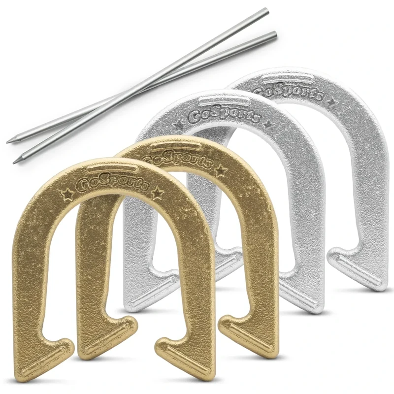 GoSports Steel Horseshoes Outdoor Game Set - Official Size and Weight - Gold & Silver