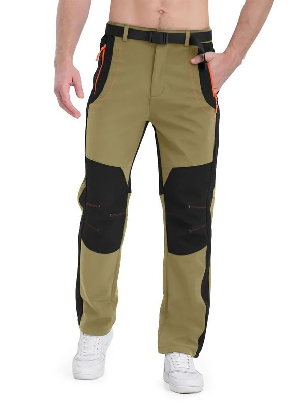 BondiTrekk Mens Snow Ski Pants Fleece Lined Winter Hiking Waterproof Insulated Snowboard Outdoor Pant with Belt Zipper Pockets Khaki S