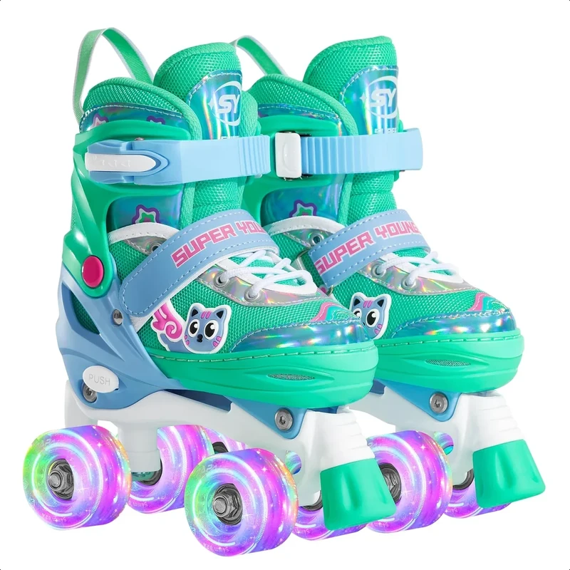 SUPER YOUNGSTER Adjustable Light Up Kids Unicorn Roller Skates for Girls Ages 4-6 5-8 8-12，Toddlers Beginner Cat Roller Skates