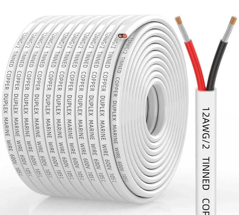 CONEPY 12 Gauge Marine Wire, 12/2 Duplex Marine Grade Cable, IP68 Waterproof/Oxygen-Free Tinned Copper Stranded PVC 12 AWG Wire for Boat, Automotive, RV, Solar, LED Strips (100FT)