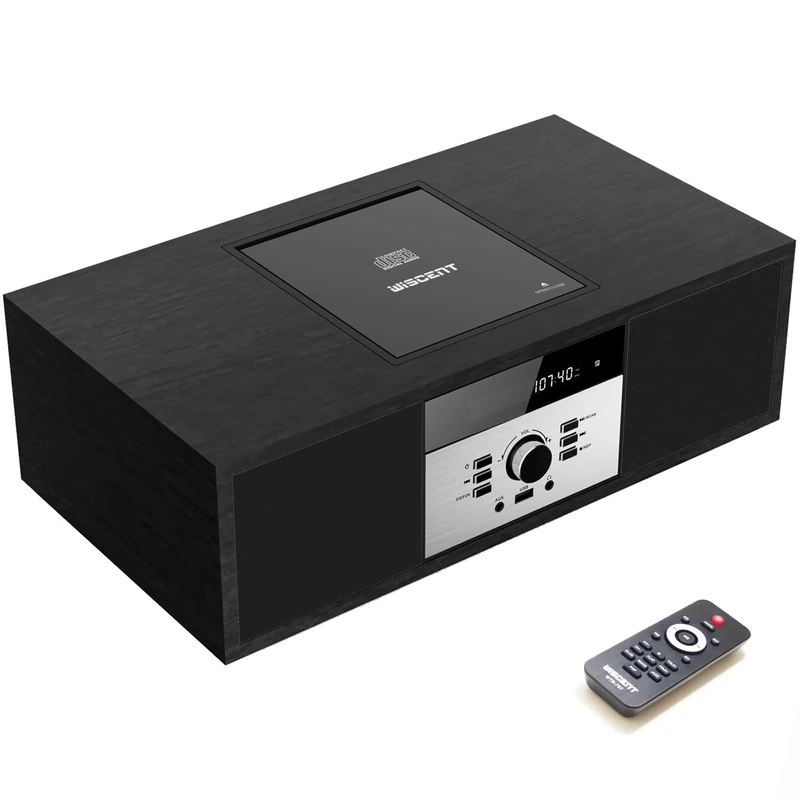 Nostalgic Bluetooth Stereo System for Home, WISCENT Vintage Micro HiFi Systems CD Player,with Bluetooth Audio Streaming,FM Radio,USB Port,Aux-in,Earphone Port (Black CD Player)