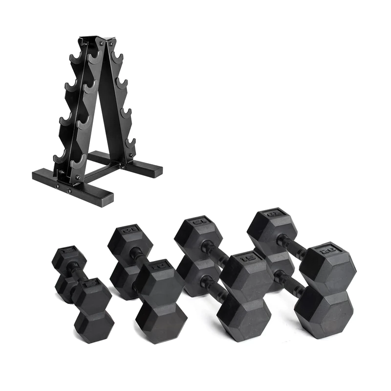 CAP Barbell 100 LB Coated Black Handle Hex Dumbbell Weight Set with Vertical Rack