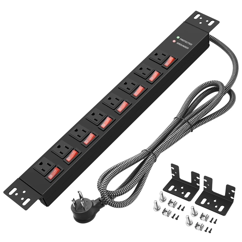 Rack Mount Power Strips,8 Outlet Strips with Individual Switches, PDU Power Strip for Server Racks, 14AWG Heavy-Duty Braided Extension Cord,15A 125V 1875W (10 FT Cable)