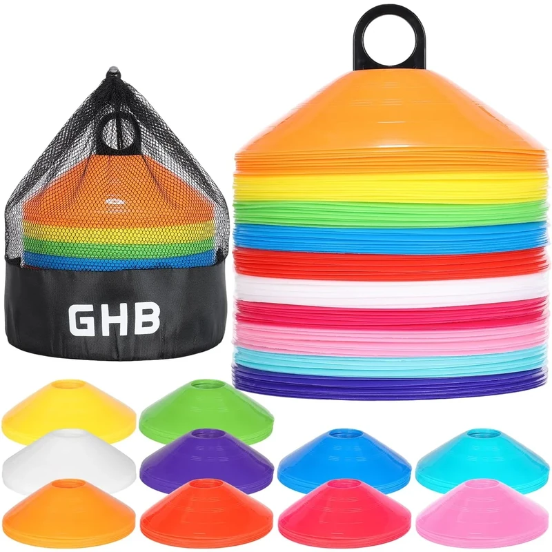 GHB Soccer Cones 25/50/100 Pack Disc Soccer Sport Cones Training Field Marker Agility Cones for Traffic, Basketball, Coaching, Practice Equipment Includes Cone Drills Guide (100Pcs Multicolor)