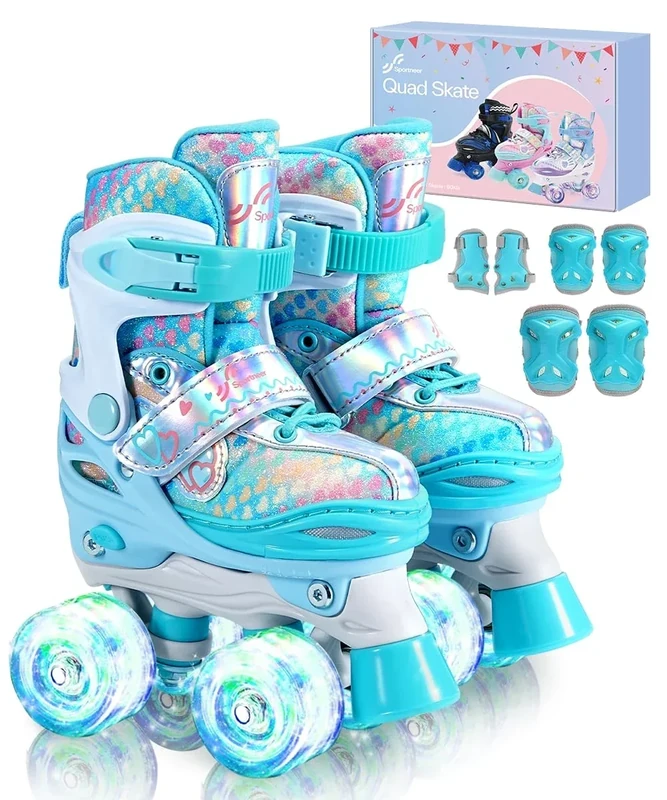 Children's Adjustable Roller Skates, Size 26-37 with 6 Children's Protectors Set and LED Luminous Wheels for Girls