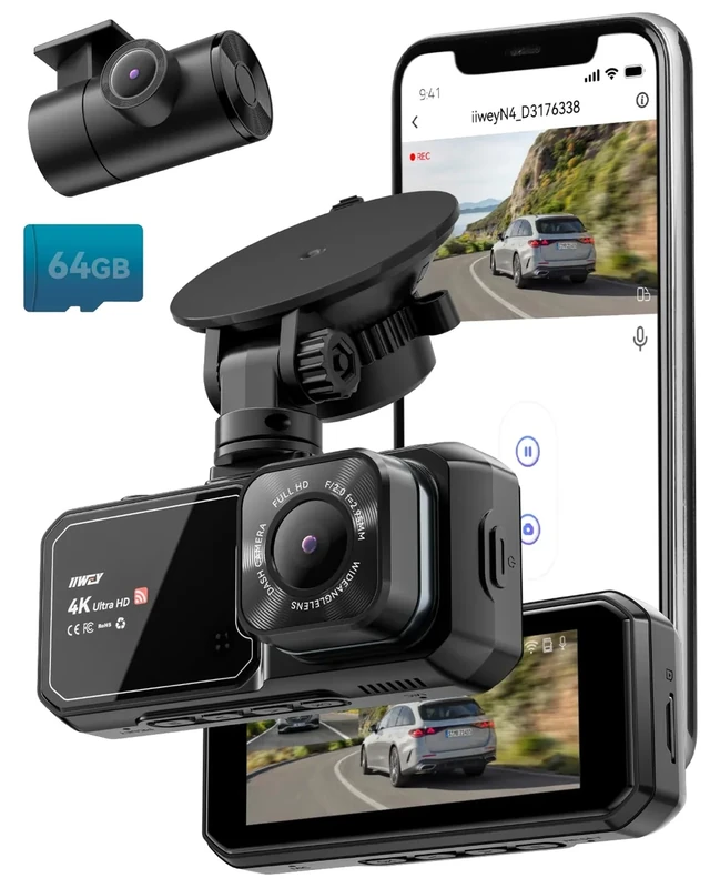 IIWEY 4K Dash Cam Front and Rear for Cars, Dual UHD Camera with WiFi, Free 64GB Card, 3.16" IPS, G-Sensor, Parking Mode, Loop Recording, WDR