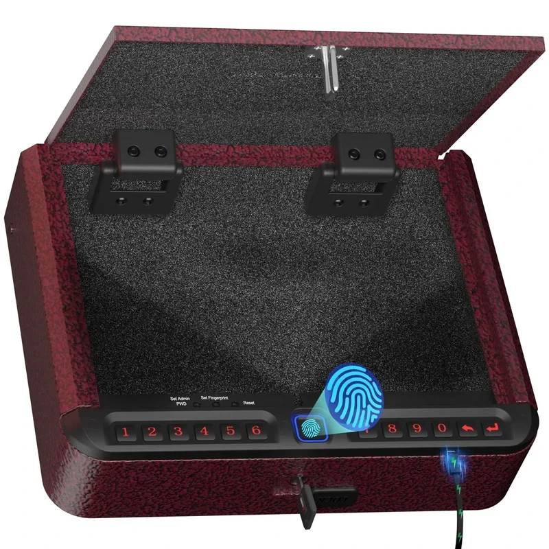 BILLCONCH Gun Safe for Handgun - Biometric Pistol Safe 4 Ways Quick Access with Fingerprint/Full-digital Keypad/Key/APP Lock and Security Cable for Nightstand Bedside Home - Burgundy Red