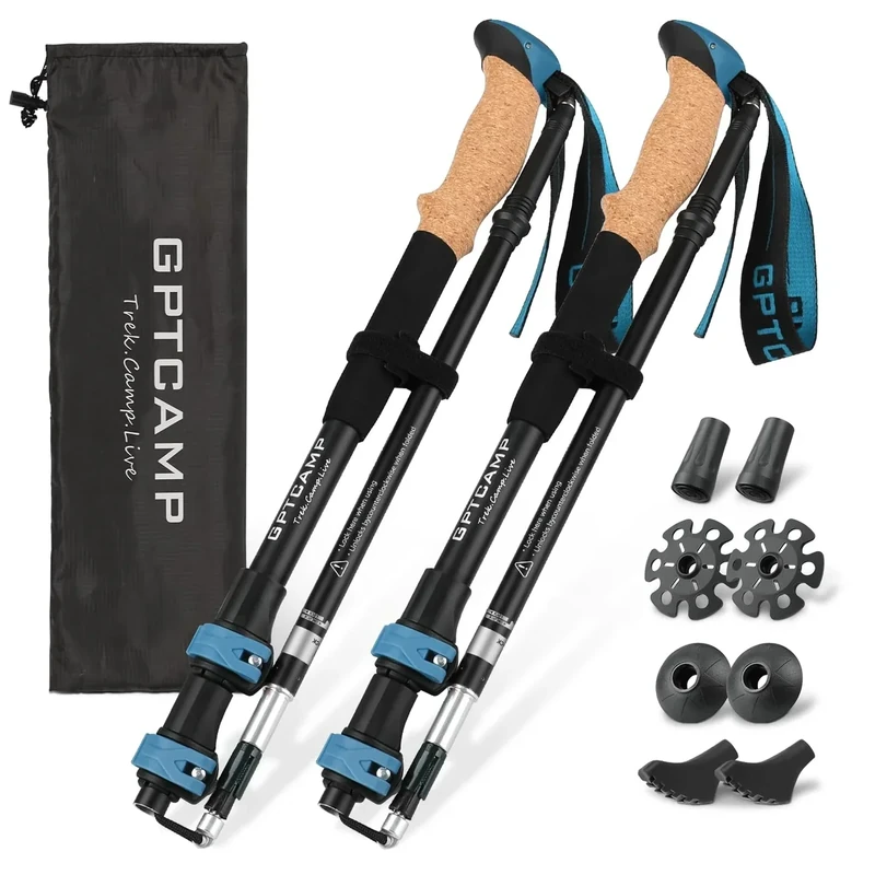GPTCAMP Walking Sticks,Trekking Poles Collapsible Hiking Poles,Lightweight Folding Travel Walking Pole for Men Women,2pc Adjustable Hiking Stick with EVA Foam Grips for Backpacking,Blue
