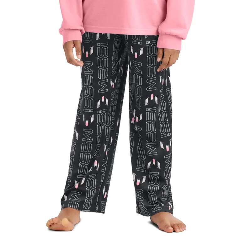 Messi Boys' Lifestyle Long Sleep Pant, Loose-fit Pajama Bottoms, Comfortable Sleepwear, Messi Name Stripe Pant, XS4/5