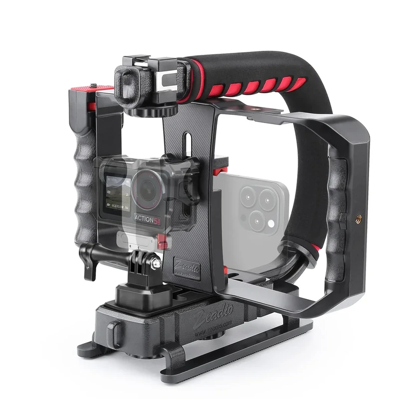 Zeadio Camera Smartphone Handheld Stabilizer, Triple Cold-Shoe Handle Grip Compatible with All Camera Action Camera DSLR Smartphone - Image 1