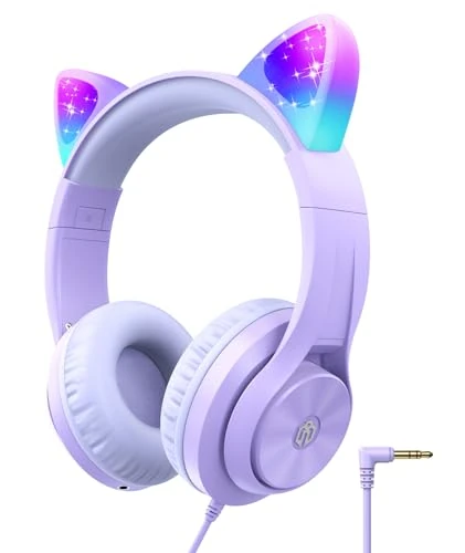 iClever Cat Ear LED Kids Headphones with Mic - 94dB, 3 Light Modes