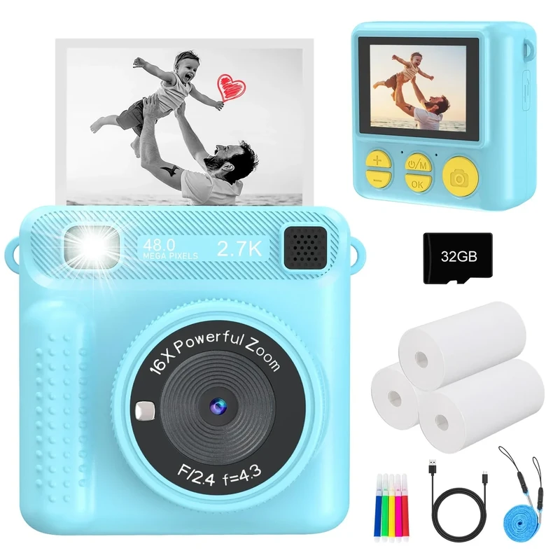 JPVERLY Kids Instant Print Camera - 1080P Video, 32GB SD, Blue