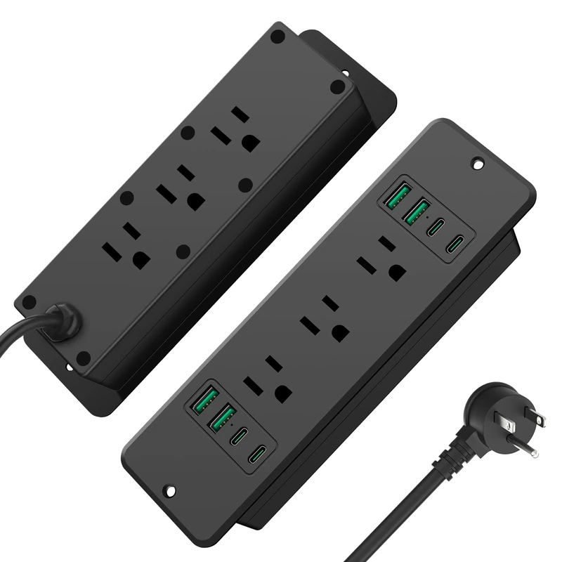 HHSOET 14 in 1 Fast Charging Recessed Power Strip, 45W Furniture Power Outlet USB C, Flush Mount Surge Protection with 6 AC Plugs, 4 USB-A and 4 USB-C, 6ft Power Cord. (Black)