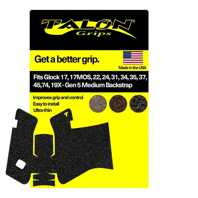 Talon Grips - Adhesive Grip for Glock 17, 17 MOS, 22, 25, 31, 34, 35, 37, 45, 47, 19X - Made in The USA - Easy Installation, Durable, Superior Traction - (Gen 5 Medium Backstrap, Granulate)
