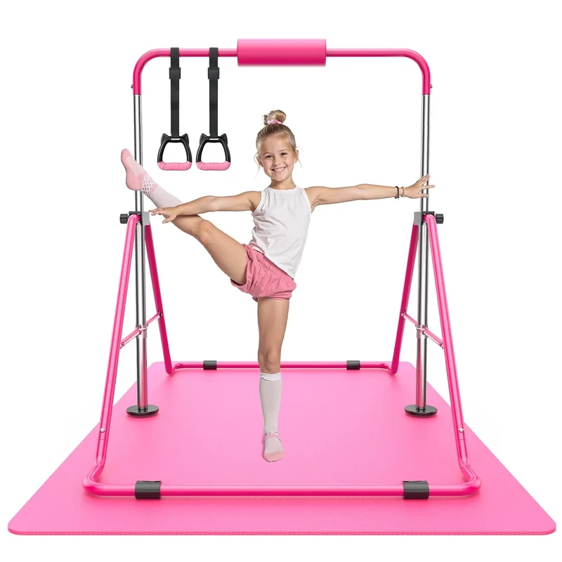 Sportsroyals Gymnastics Bar for Kids,Adjustable Height Gymnastic Horizontal Bars,Folding Gymnastic Junior Training Kip Bar for Home, Pink (Pink+mat)