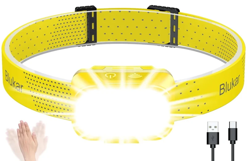Blukar Head Torch Rechargeable, Super Bright Headlamp Headlight with 10 Light Modes, Spotlight Floodlight Combination, Sensor Control,IPX5 Waterproof,Long Battery Life for Running,Camping-Lemon Yellow