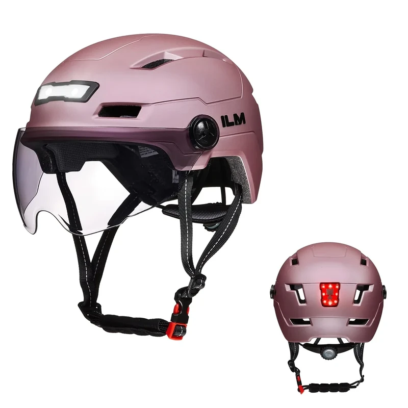 ILM Adult Bike Helmet with USB Rechargeable LED Front and Back Light Mountain&Road Bicycle Helmets for Men Women Removable Goggle Cycling Helmet E3-10L(Rose Pink, X-Small)