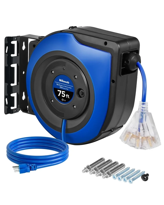 WILAWELS Retractable Cord Reel, 75 FT Heavy Duty Extension Cord, 14AWG/3C SJTOW, 3 Grounded Outlets Lighted Triple Tap, 10A Circuit Breaker, Wall/Ceiling Mounted, UL Listed, Blue U75CR06
