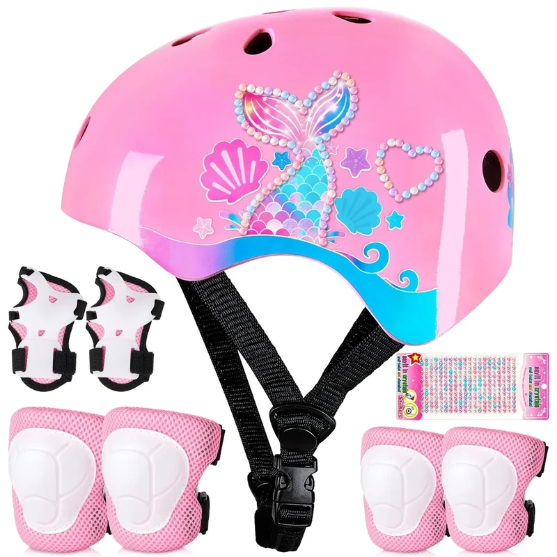 Toddler Bike Helmet Kids Helmet Knee Pads and Elbow Pads Set Adjustable Protective Gear Set with DIY Stickers for Girls Age 3-5-8 Years