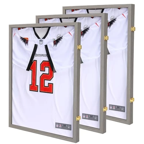 GUTAG Jersey Wooden Frame Display Case -Shadow Box with UV Protection for Baseball Basketball Football Hockey Sport Shirt and Uniform (Grey, 3 Packs)