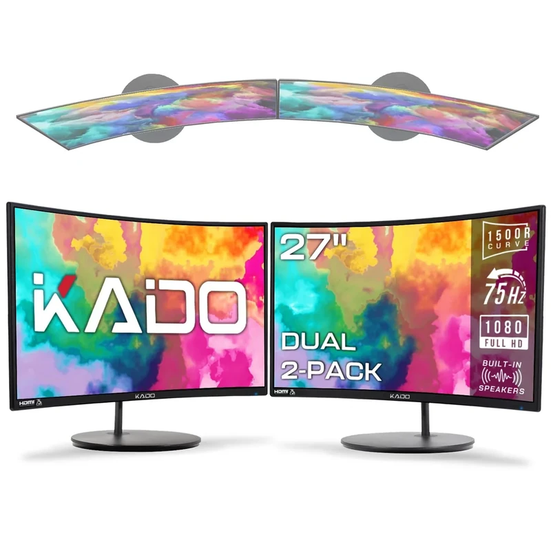 Kado Dual Monitor Setup - 2-Pack 27" Curved 1500R 1920x1080 Computer Monitor 75Hz VESA Mount HDMI Office Gaming Built-in Speakers (C27 Dual Series)