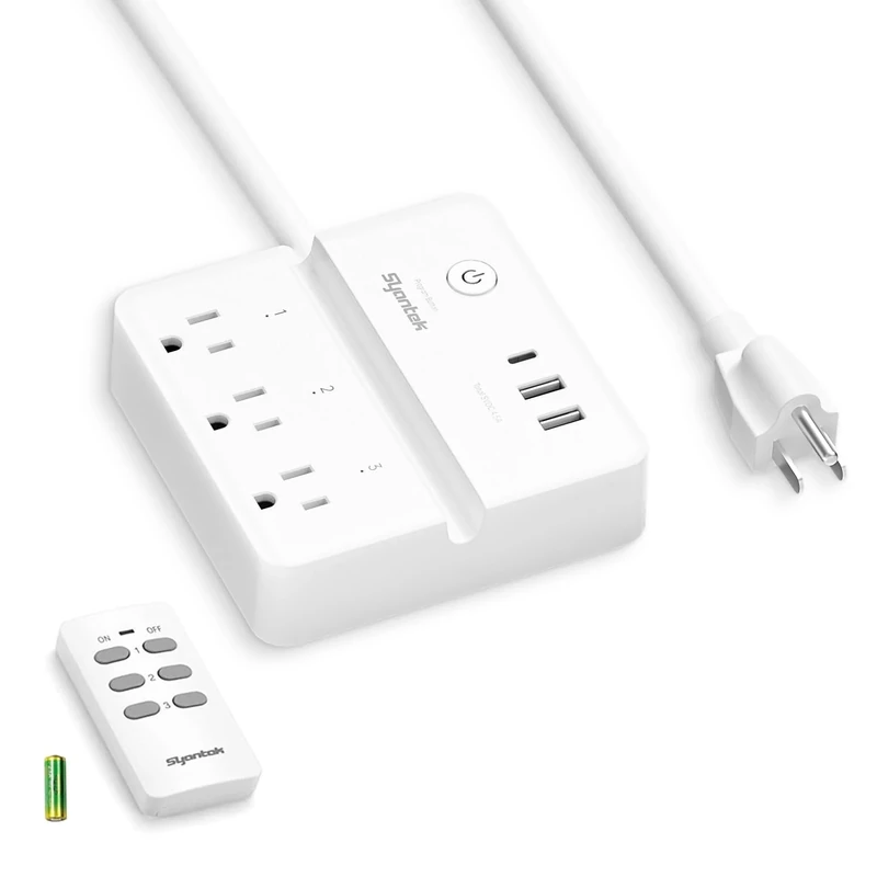 Syantek Power Strip with Remote - 3 Outlets, 3 USB, Phone Holder, 15A