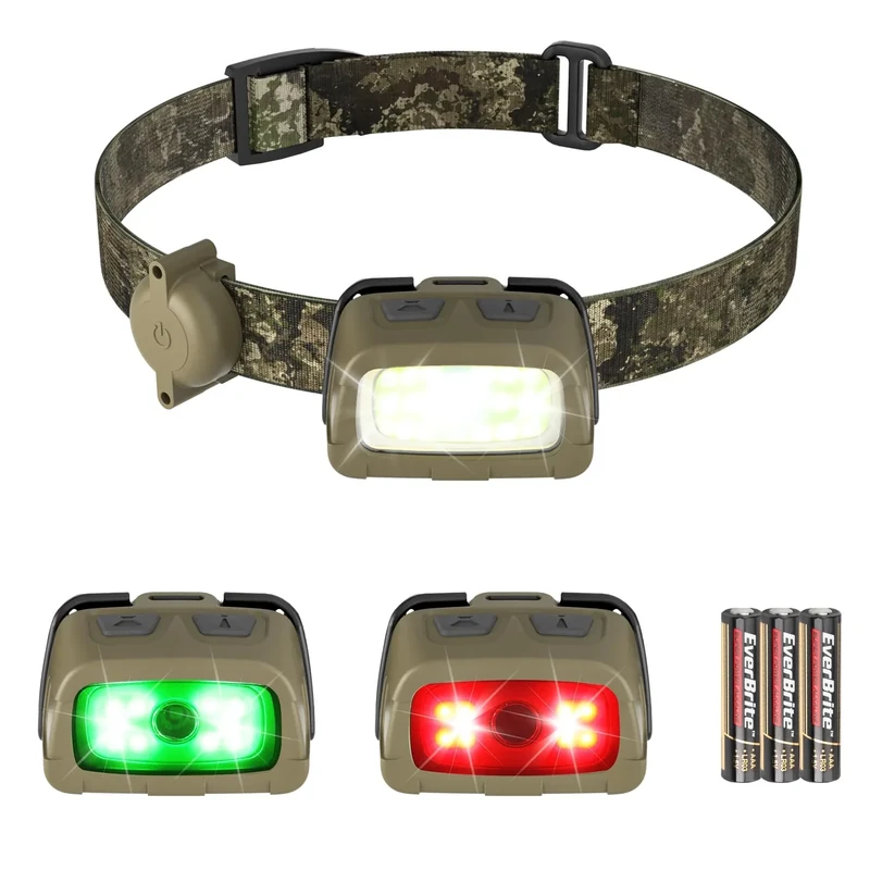 EverBrite Headlamp, 300 Lumens Head Lamp for Adults, 7 Modes with White/Red/Green Light, 30°Adjustable LED Headlight for Camping, Running, Hunting, 3 AAA Batteries Included