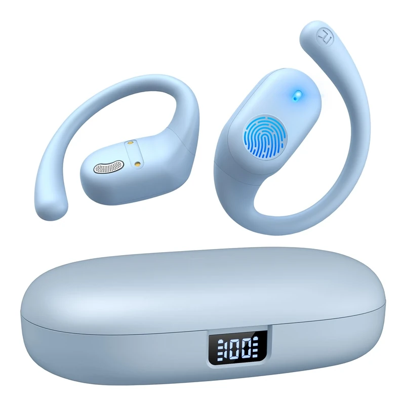 Eigsupia Open Ear Headphones, Bluetooth Headphones 5.3 Sports with Smart Digital Display, 36H Playtime, IP54 Waterproof, Wireless Earbuds Lightweight Design Fit Cycling, Running, Workout (Blue)