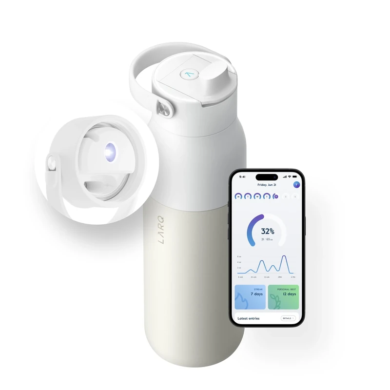 LARQ PureVis 2 Self Cleaning Water Bottle - UV Water Purifier with Filter Straw, Smart App Hydration Tracking, Insulated Stainless Steel - Granite White, 34 Oz - Image 1