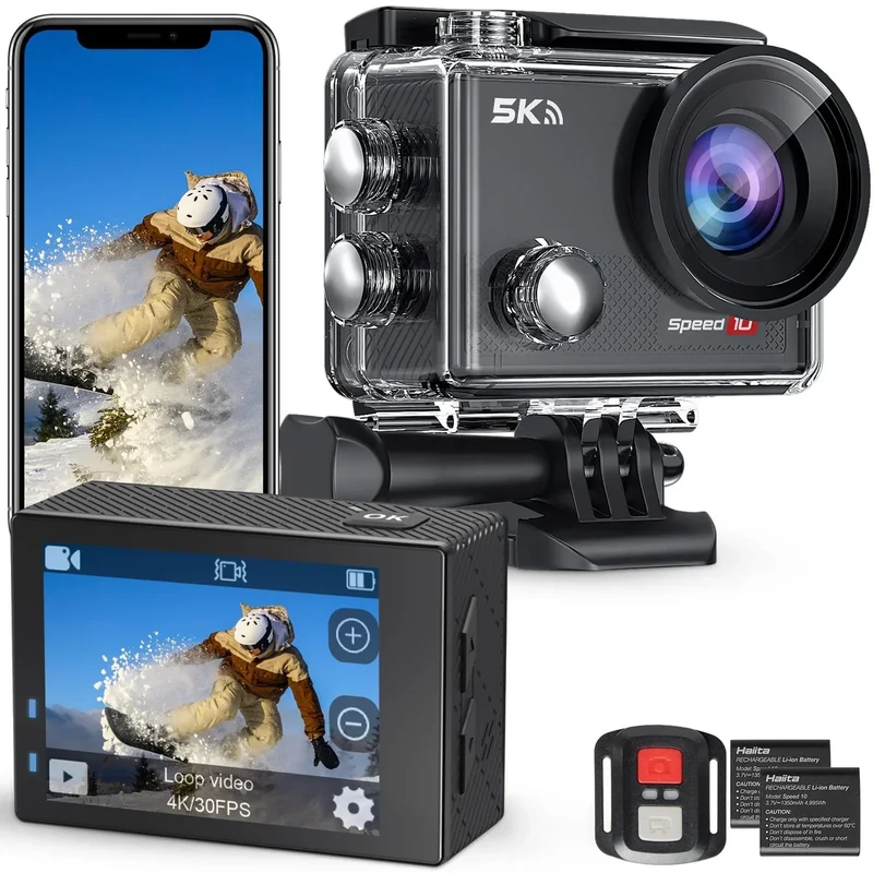 Hiicam Action Camera 5K 30FPS Waterproof Camera Underwater 131FT with EIS WiFi App Remote Control 64GB Card 170° Wide Angle Sports Helmet Bike Video Deep Black Without Card