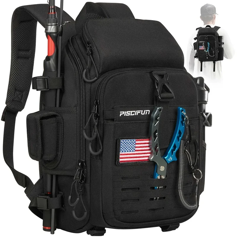 Piscifun Fishing Tackle Backpack with Rod & Gear Holder, Lightweight Outdoor Water-Resistant Fishing Shoulder Storage Bag with Protective Rain Cover, Black