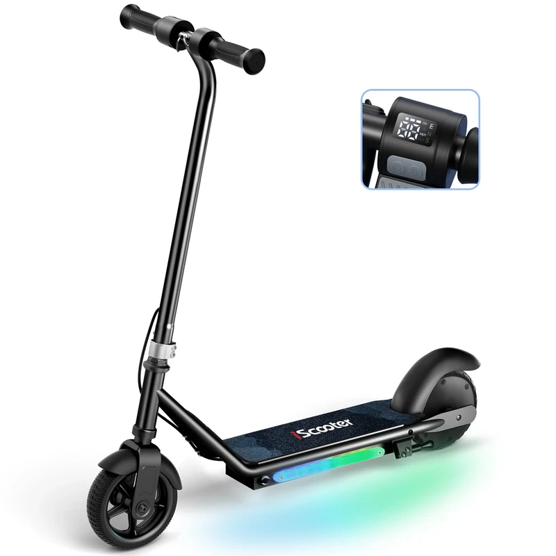 iScooter IK3 Electric Scooter for Kids Ages 6-12, 150W Motor, LED Display, 3 speeds Adjustable, Colorful Lights, Double Brake, Kids Electric Scooter with Magnetic Charging (IK3,Black)