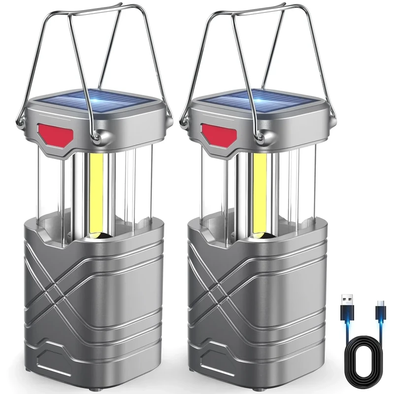 LETMY 2 Pack Camping Lantern, Rechargeable LED Lanterns, Solar Lantern Battery Powered Hurricane Lantern Flashlights with 3 Powered Ways & USB Cable for Emergency, Power Outage, Hurricane Supplies
