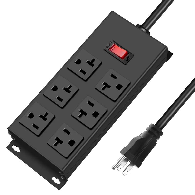 JUNNUJ 20A 6-Outlet Metal Power Strip - 12AWG, 3000J Surge, 6ft Cord