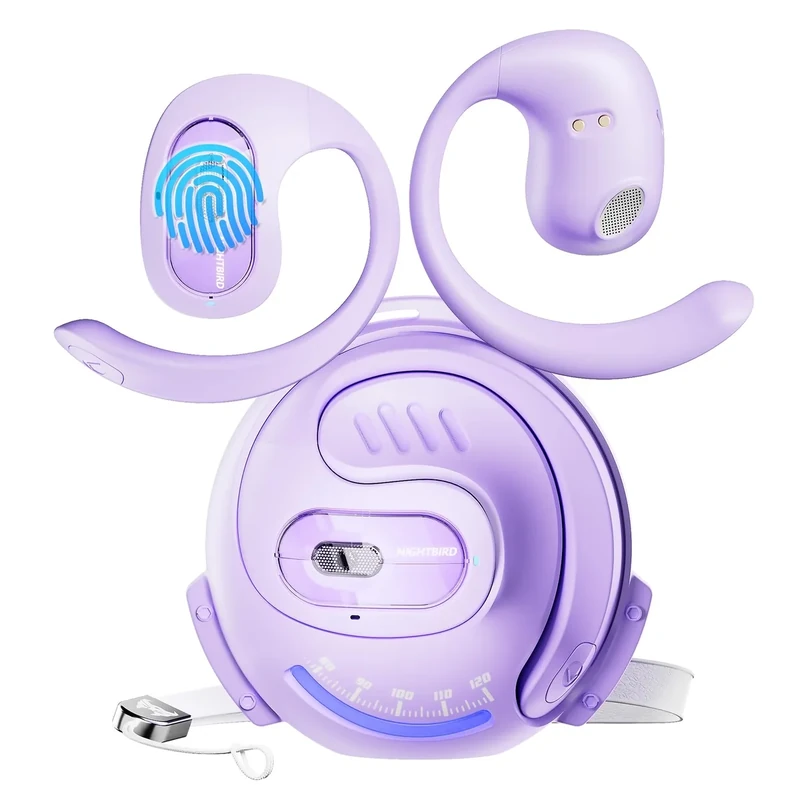 Transformers Open Ear Earbuds with Ear Hooks,Open Ear Headphone True Wireless Earbuds Over Ear Headphones Bluetooth 5.4 60H Play,IPX5 Waterproof for Work Fitness Running Yoga Gym, Lilac-Nightbiro
