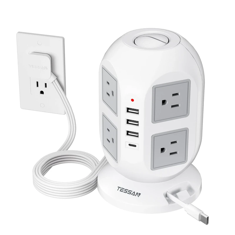 Tower Power Strip Surge Protector 10 Ft, TESSAN Flat Plug Extension Cord with Multiple Outlets, 8 AC Outlets, 4 USB Ports, 1 Built-in USB Cable, Desk Charging Station for Home Dorm Office