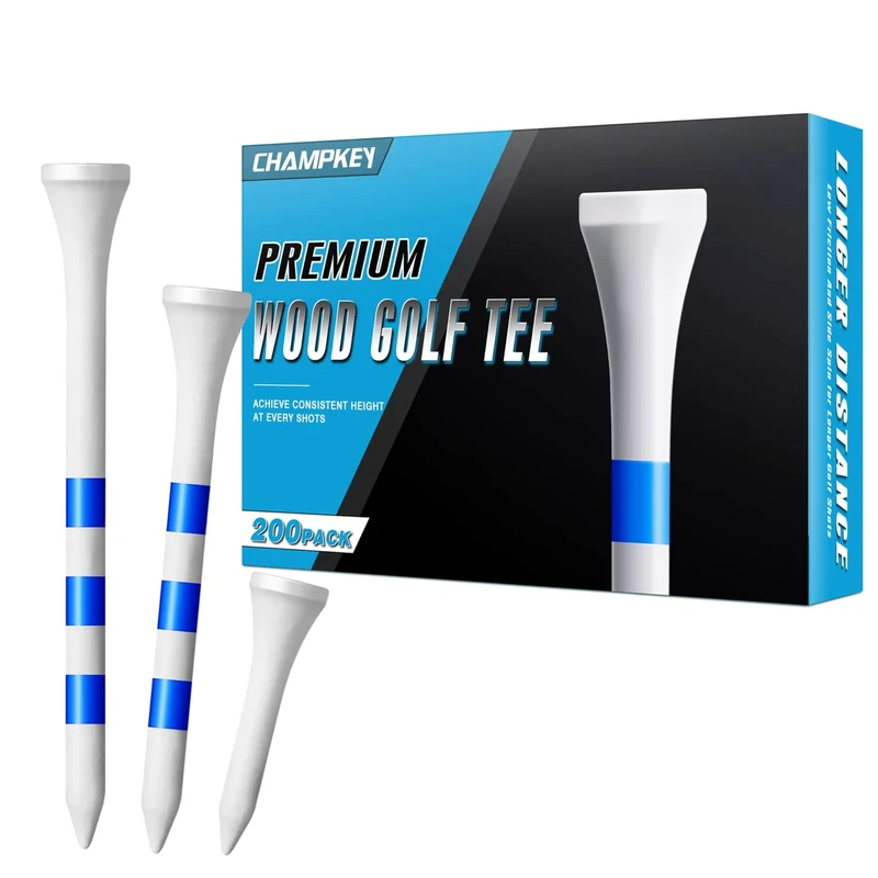 CHAMPKEY Premium Wood Golf Tees 200 Count - 3 Line Marking System Golf Wood Tees - Achieve Consistent and Long Distance Shot (1-1/2")