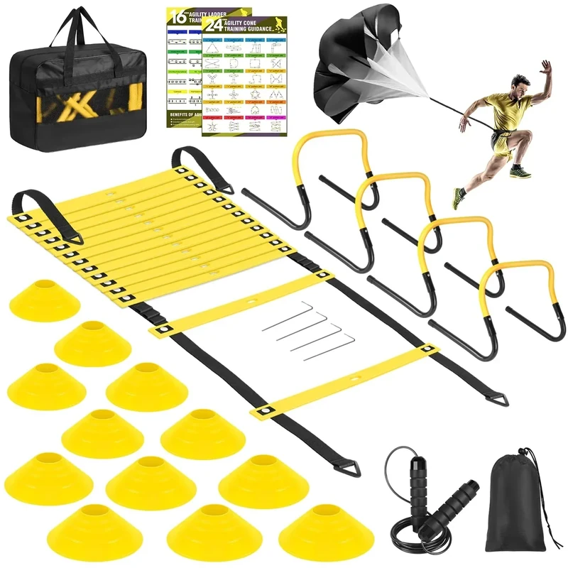 BORNEW Agility Speed Training Equipment Set, Football Practise Set with 20ft Agility Ladder, 12 Cones, 4 Adjustable Hurdles, Jump Rope, Parachute, for Basketball, Soccer, Football, Kids, Youth, Adults
