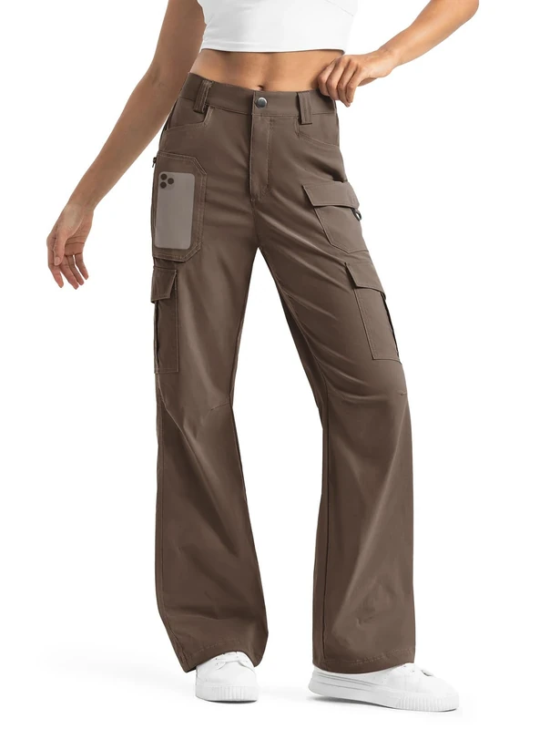 Moosehill Women's-Cargo-Hiking-Pants-High-Waisted Wide Leg Water Resistance Lightweight Stretch for Work Casual Outdoor (Brown, 16, 30")