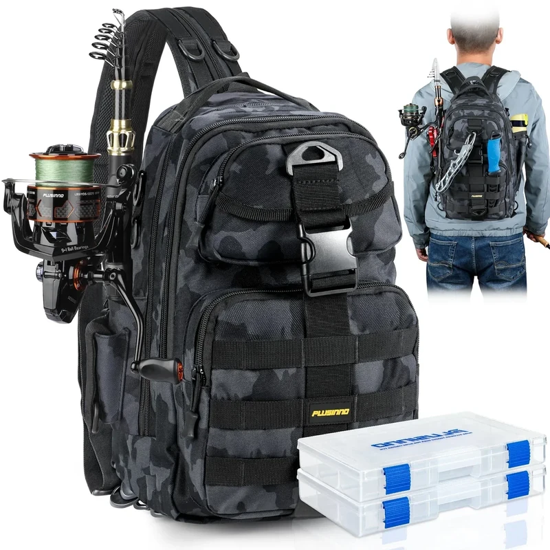 PLUSINNO Fishing Backpack, Fishing gear,Tackle Bag, Water-Resistant Bag with Rod Holder, Ideal Gifts for Men