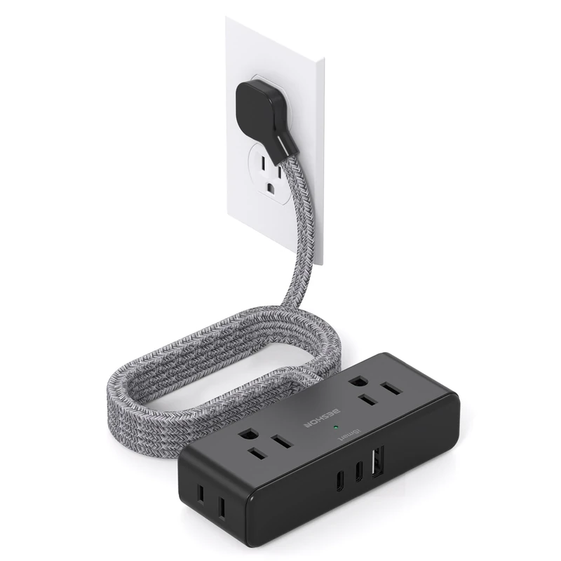 BESHON 6ft Flat Plug Power Strip - 4 AC Outlets + 2 USB-C & 1 USB-A