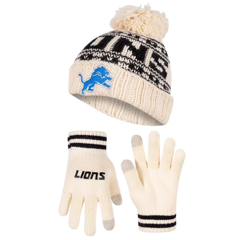 Ultra Game NFL Official Adults Unisex Super Soft Cable Knit Winter Beanie Knit Hat with Extra Warm Touch Screen Gloves, Detroit Lions, Natural, 1SIZE