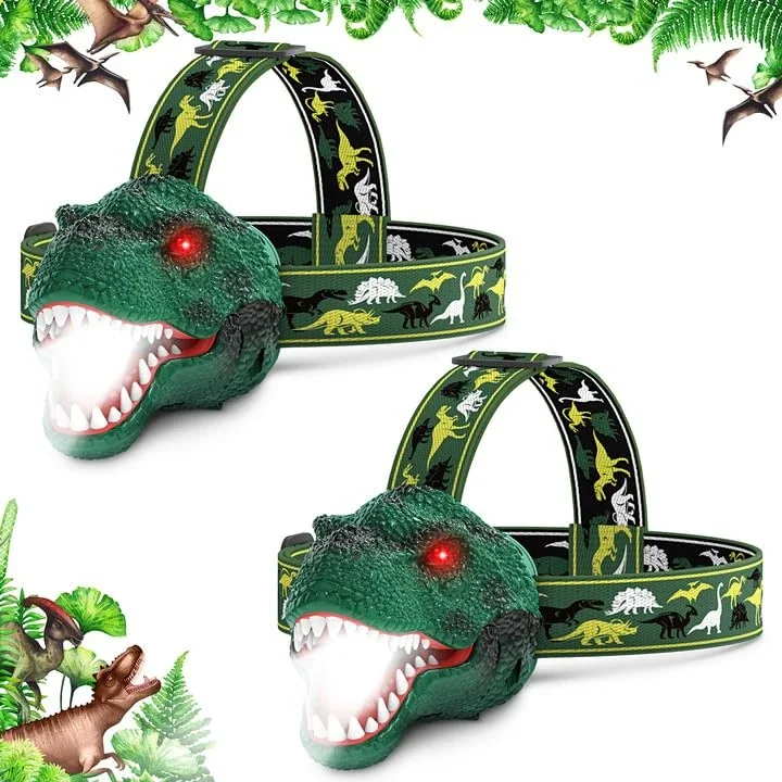 Dysaim Kids Headlamp,Rechargeable T-Rex Dinosaur Headlamp for Kid and LED Head Lamp Camping Gear Flashlight,Hiking Accessories Headlight Toys,Four Light Modes Suitable for Reading/Party Gift(2 Pack)