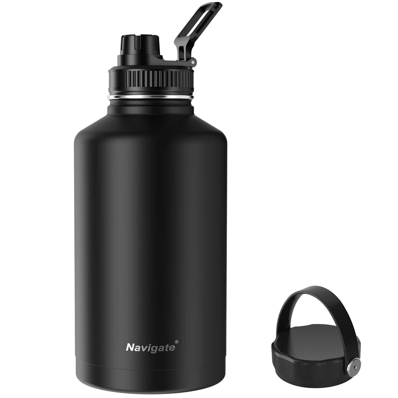 Navigate 64 oz Stainless Steel Insulated Water Bottle,Double Walled Leak Proof Keep Cold for 24 Hrs Hot for 12 Hrs,Wide Mouth Water Jug with Spout & Handle Lids,Black