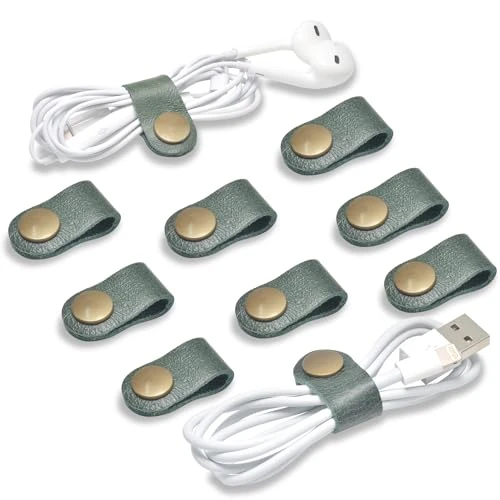 CAILLU Stocking Stuffers for men 10 Pack Cord Organizer,Cord Holder,Cable Clips Leather,Cable Organizer USB Holder,Wire Organizer,Cord Keeper,Ties Mens (Dark green Cord Organizer)