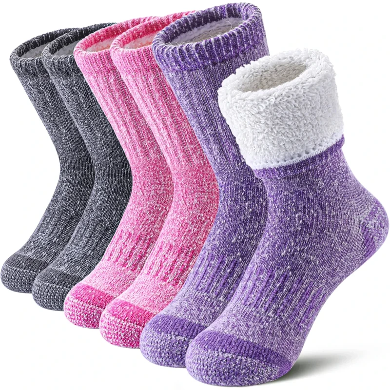 LINEMIN Kids Merino Wool Hiking Socks Boys Girls Winter Warm Thick Thermal Boot Thick Cushion Snowboarding Socks 3 Pairs (12-15 Years, purple/Pink/Gray)