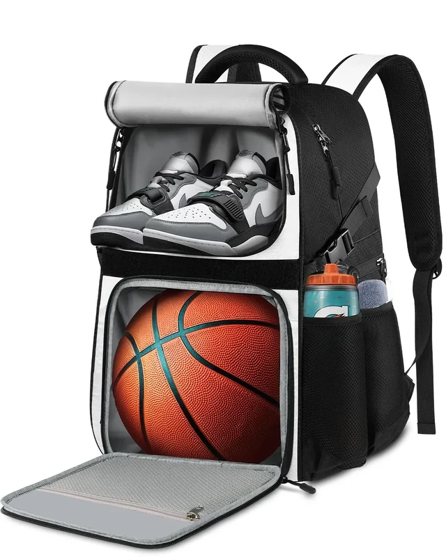 LOINTET Basketball Bag Backpack with Ball Holder Shoes Compartment, Large Basketball Accessories Sports Bag More Pockets for Football, Soccer, Volleyball, Gym, Travel, White