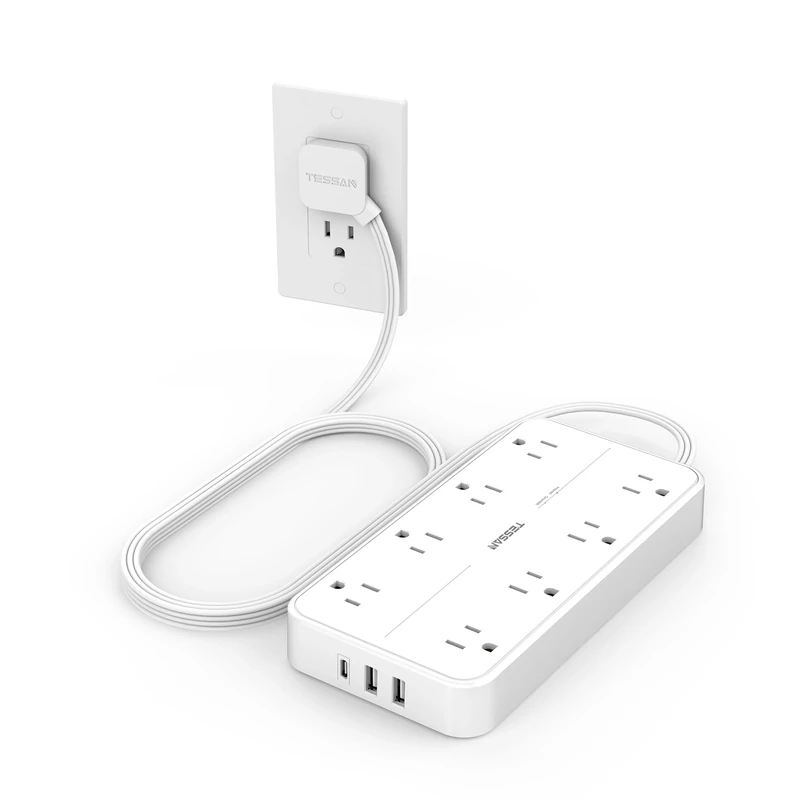 TESSAN Flat Plug Strip - 8 Outlets, 3 USB (1 USB-C), 1080J Surge, 6ft