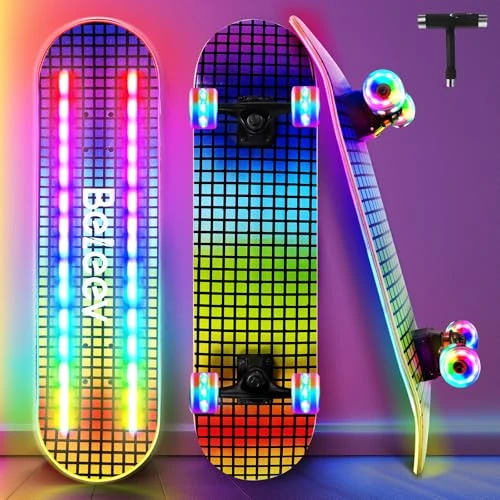 BELEEV 31 x 8 inch LED Light-up Skateboard, Complete Cruiser for Kids Teens Adults, Double Kick Deck Concave for Beginners (Multi Color)