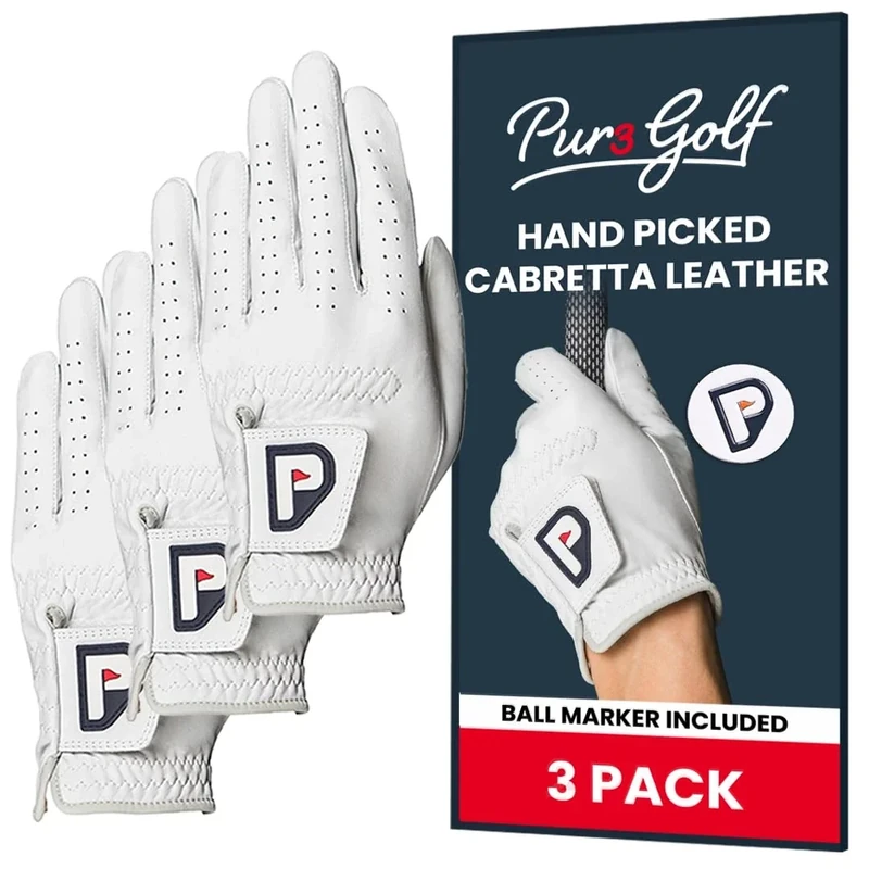 PUR3 Cabretta Leather Golf Gloves Men Left Hand and Right Hand | with Putting Aim Ball Marker | Real Genuine Ultra Soft Cabretta Leather Golf Glove | Multi-Pack